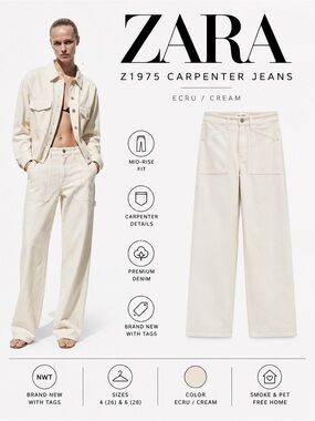 ZARA Ecru Z1975 Mid Rise Carpenter Wide Leg Jeans NWT